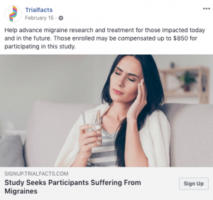 Social media post recruiting participants for clinical trial with a young woman with a migraine