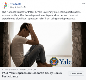 Social media post recruiting participants for clinical trial with Yale logo on image