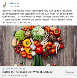 Social media post recruiting participants for clinical trial with headline 'Switch to the vegan diet with this study'